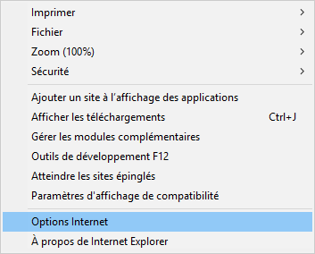 Menu Outils - Option Internet