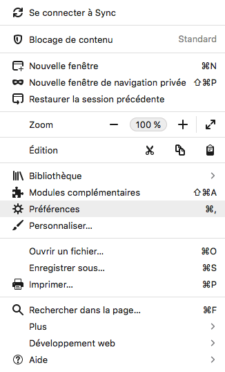 Menu - Ouvrir les préférences